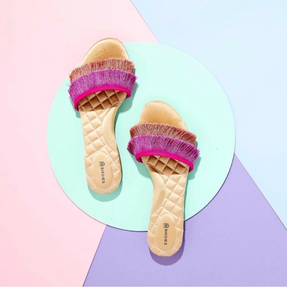 BIRDIES Sparrow Fringe Sandal Slides in Sangria Pink Orange